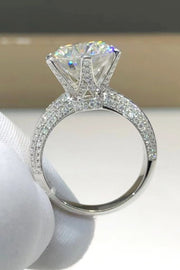 5 carat moissanite 6-prong ring in platinum-plated 925 sterling silver with zircon accents, close-up