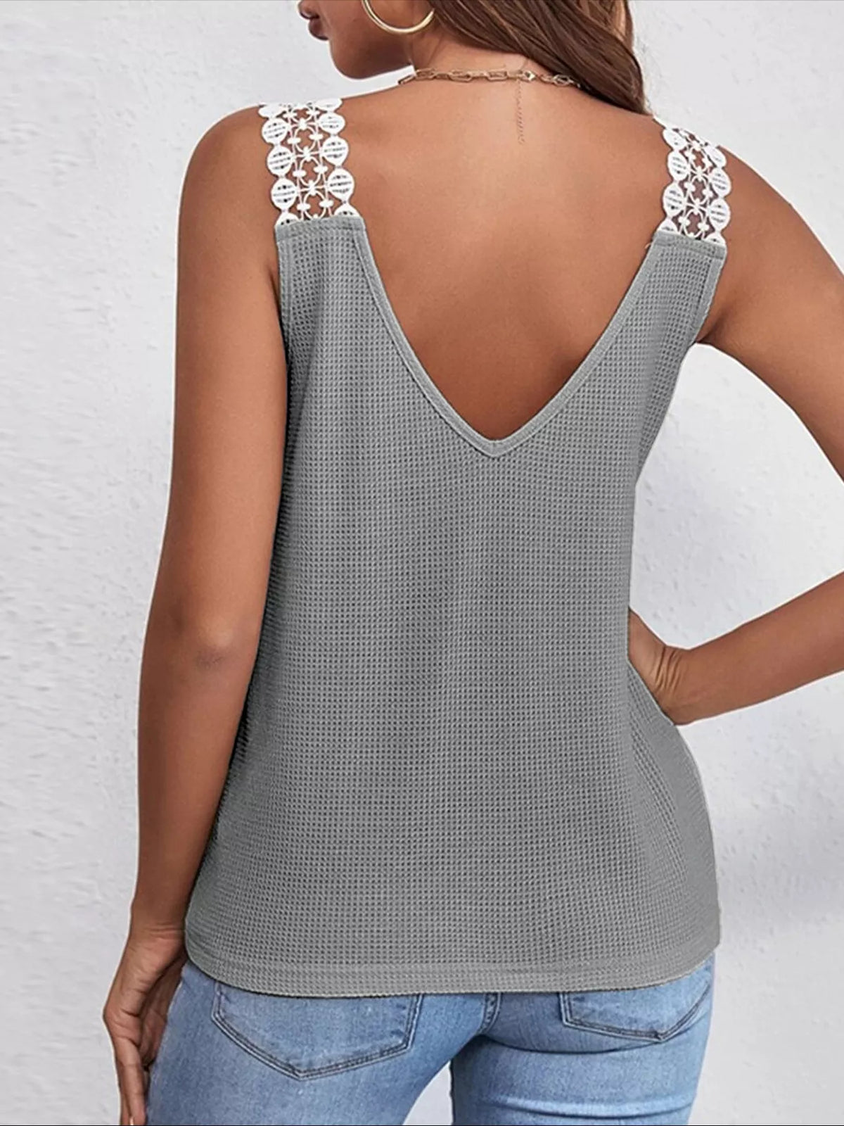 Gray lace-strap tank rear view