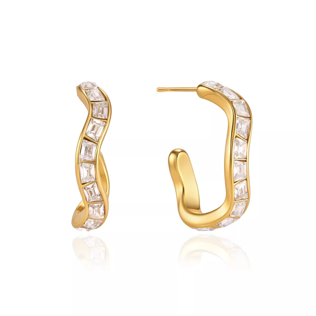 Pair of gold-tone zircon hoop earrings shown from the front and side
