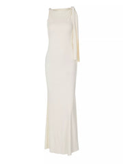 Ivory sleeveless draped maxi dress, front product view