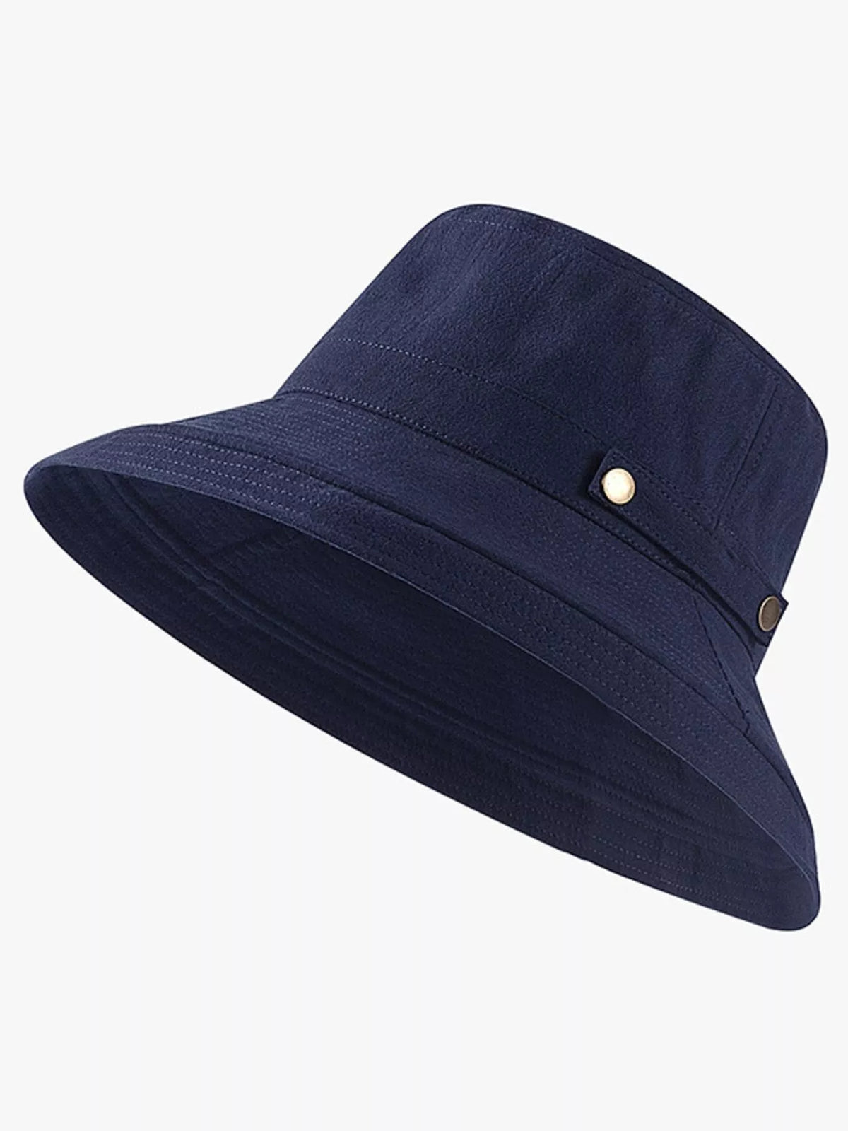 Navy wide-brim sun hat with a band and small round side buttons.
