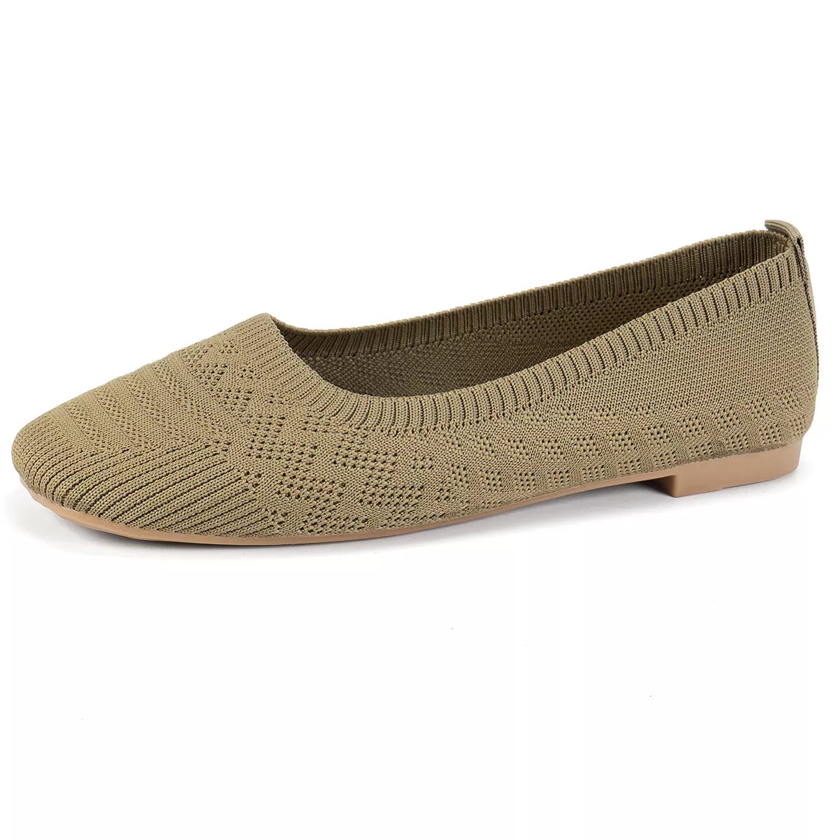 Khaki mesh slip-on flat shown in profile