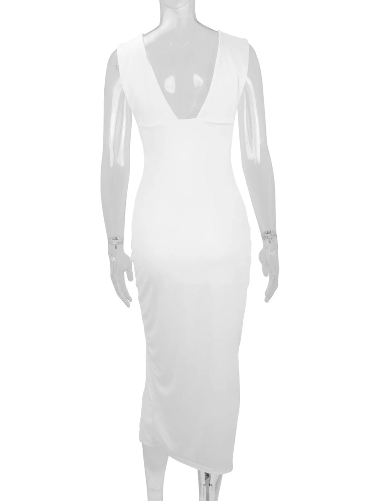 White deep-V dress on mannequin showing fitted silhouette