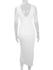 White deep-V dress on mannequin showing fitted silhouette