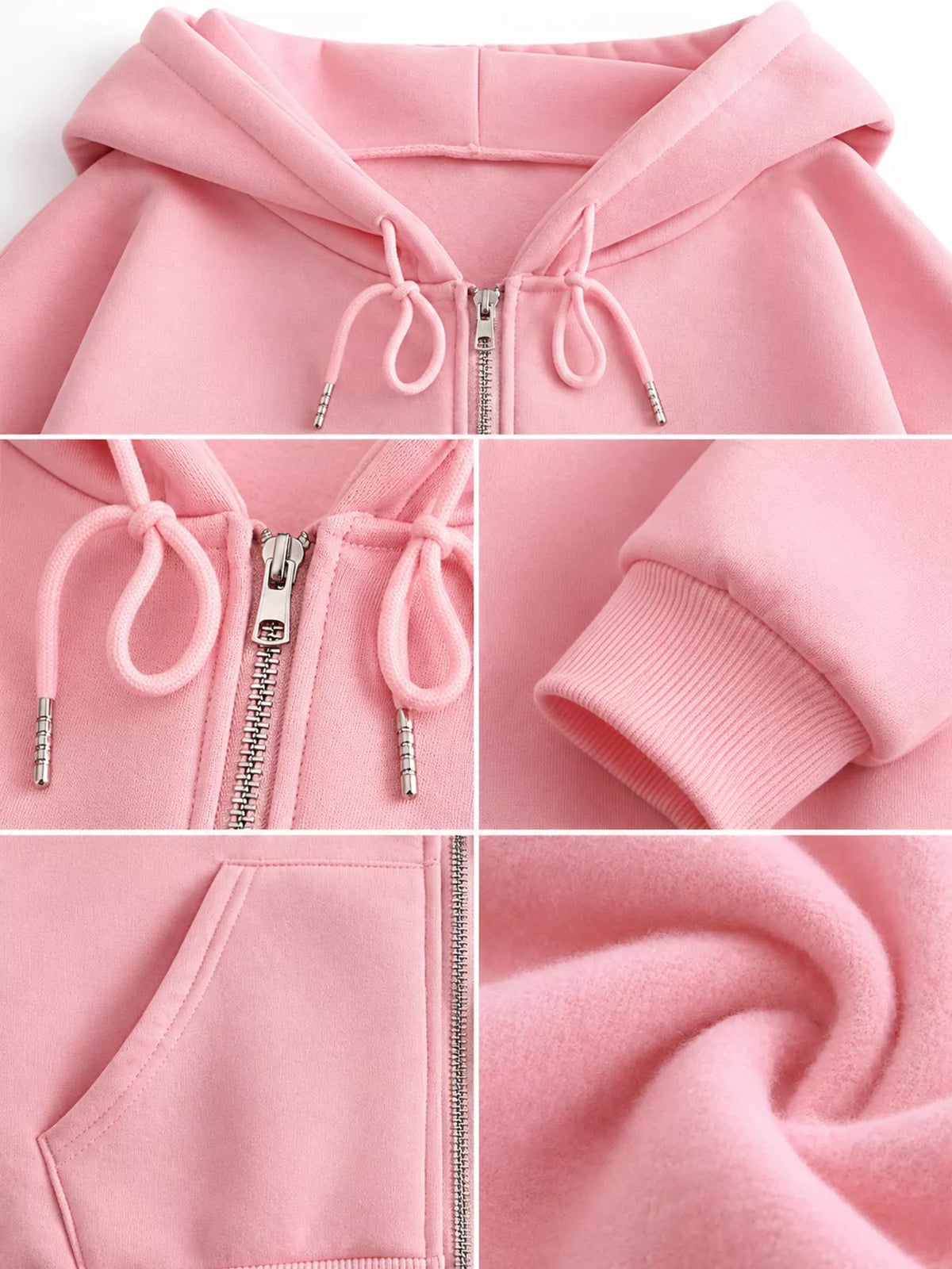 Close-up collage of pink hoodie drawstrings, zipper, ribbed cuff and pocket stitching