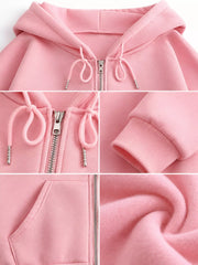 Close-up collage of pink hoodie drawstrings, zipper, ribbed cuff and pocket stitching