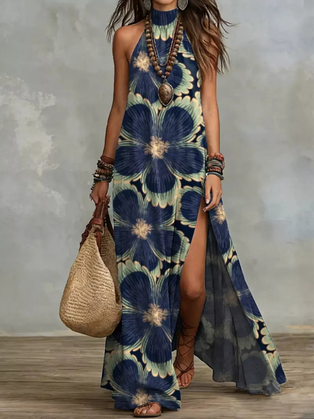 Navy floral sleeveless maxi dress with high slit, front view
