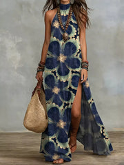 Navy floral sleeveless maxi dress with high slit, front view