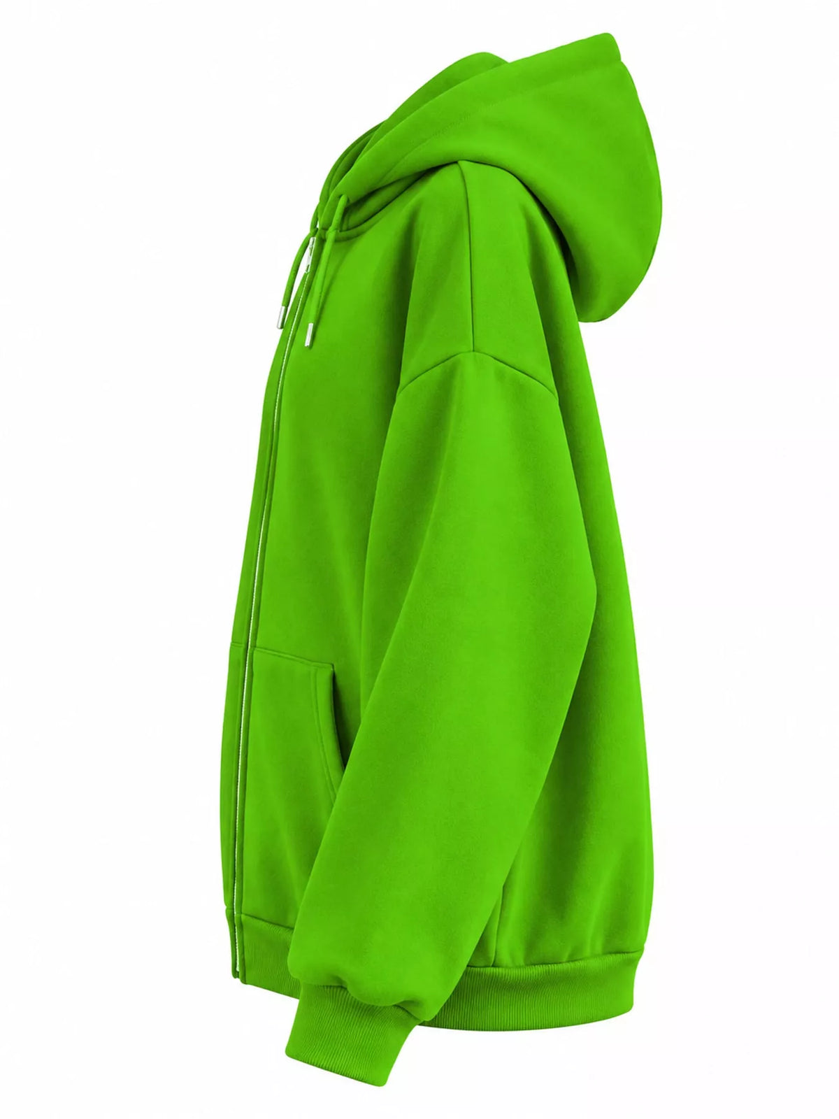 Side view of the bright green hoodie showing hood and dropped shoulder