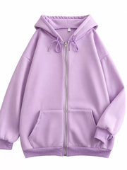 Front view of the lavender oversized zip-up hoodie with drawstring hood and pockets