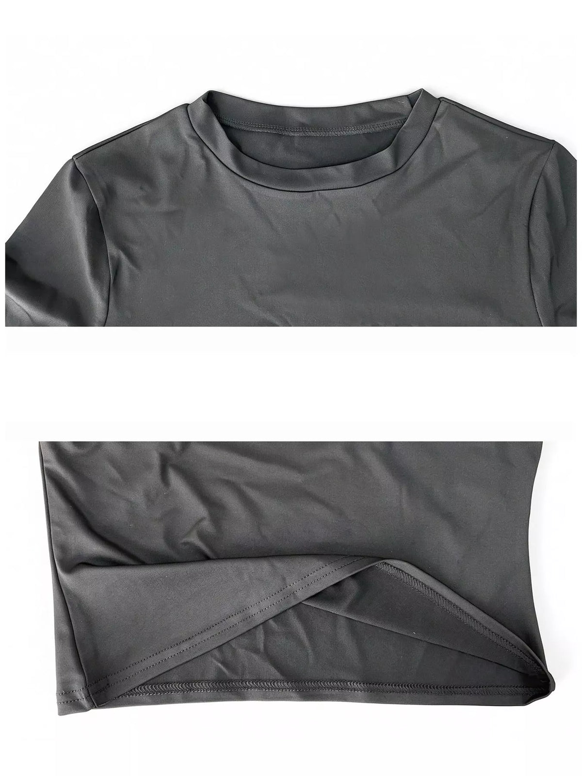 Navy cropped crew-neck T-shirt on mannequin with gray fabric detail panels