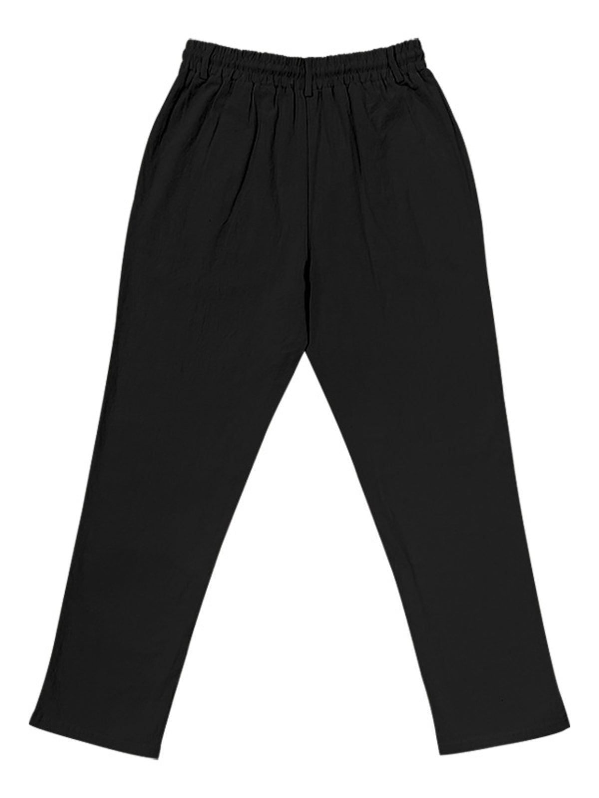 Front view of gray drawstring pants with button front and wide legs