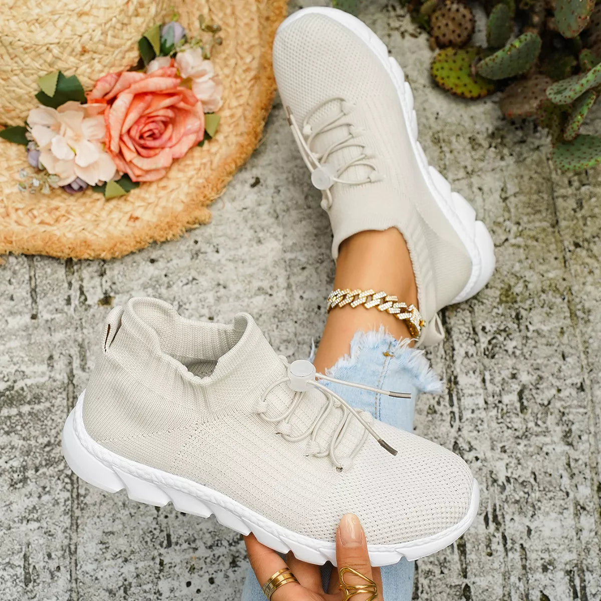 Gray knit lace-up sneakers with chunky white sole
