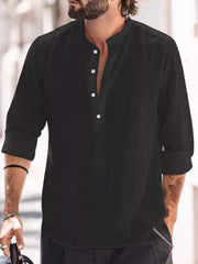 Model wearing a black long-sleeve shirt with a short button placket
