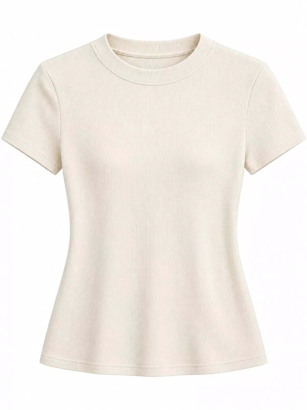 Close-up details of the brown T-shirt sleeve, ribbed fabric, and hem.