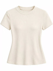 Close-up details of the brown T-shirt sleeve, ribbed fabric, and hem.