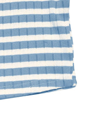 Model wearing the blue striped lounge set, rear view