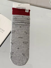 Gray cartoon-print sock shown flat
