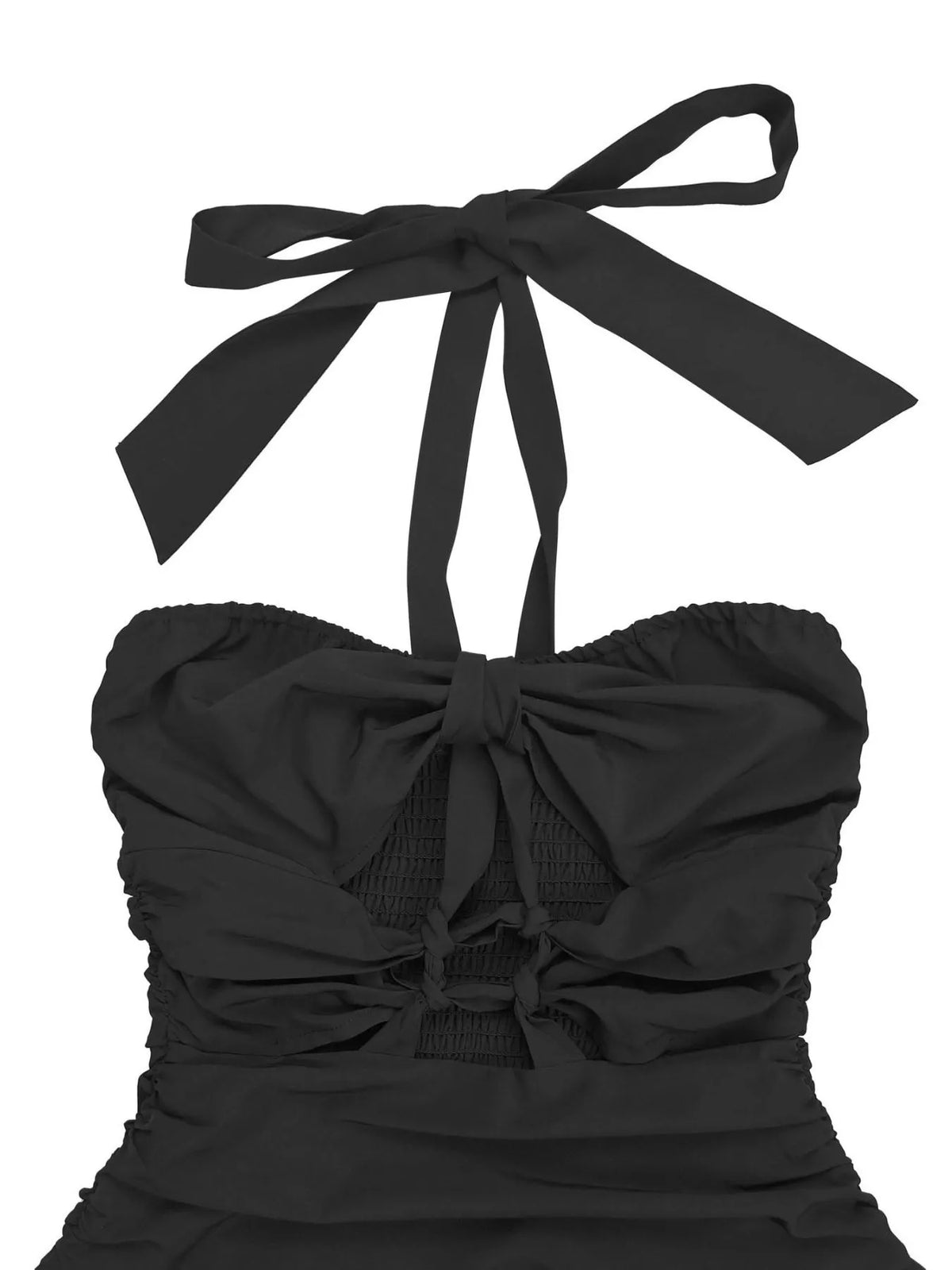 Close-up of ruched black halter neckline and tie detail