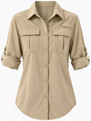 Khaki beige button-down shirt laid flat, front view
