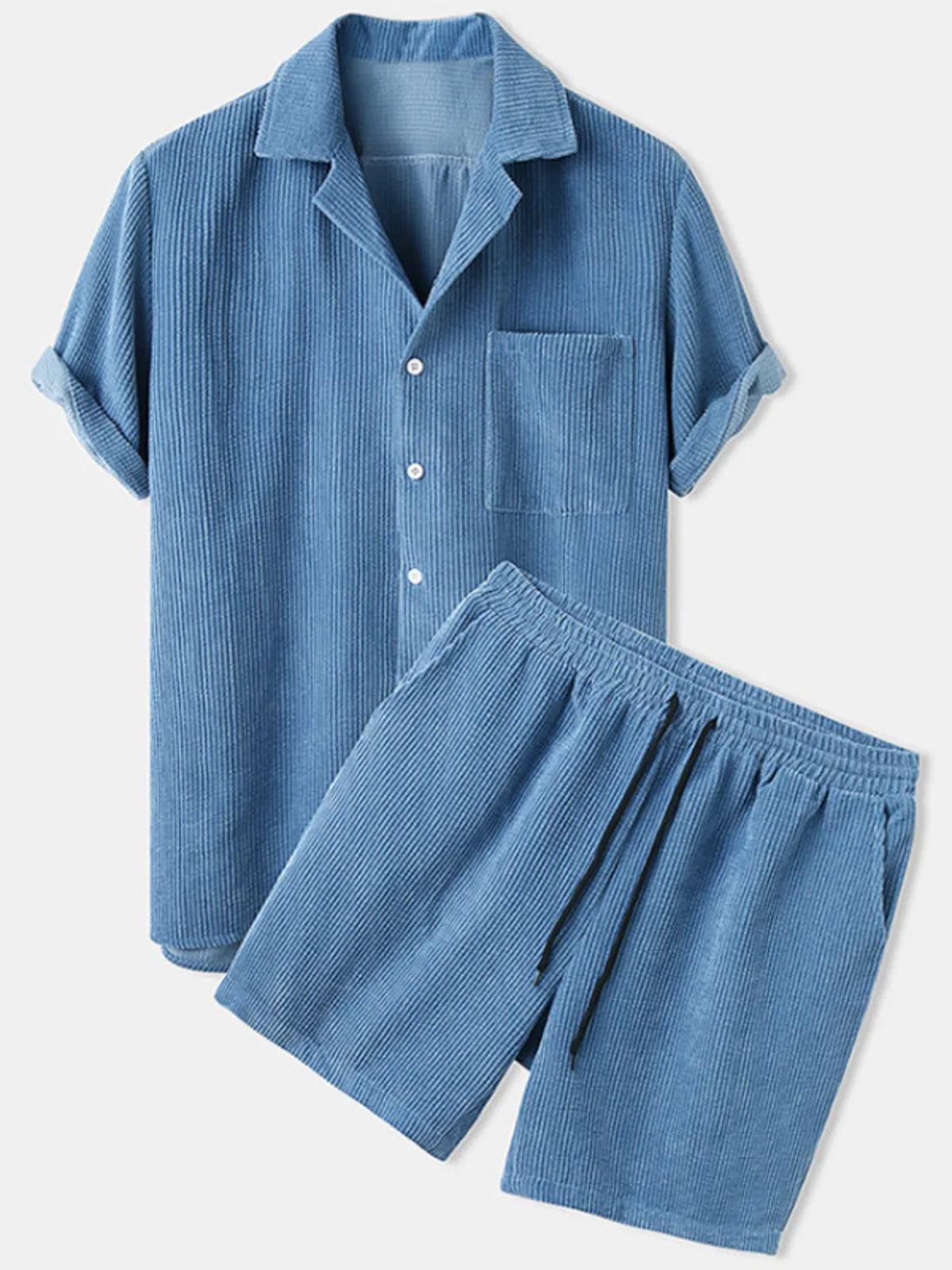 Blue textured short-sleeve collared shirt and matching shorts, front view