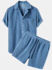 Blue textured short-sleeve collared shirt and matching shorts, front view