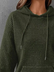 Close view of olive green hoodie and hood
