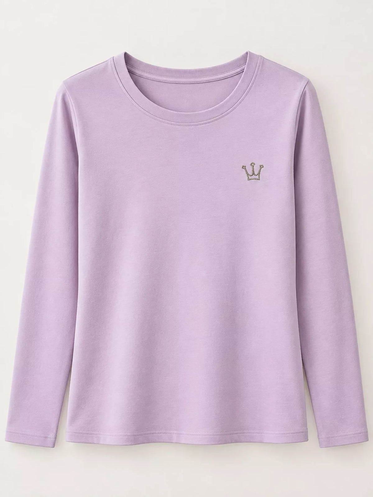 Front view of lavender long-sleeve crewneck T-shirt with a small crown emblem.