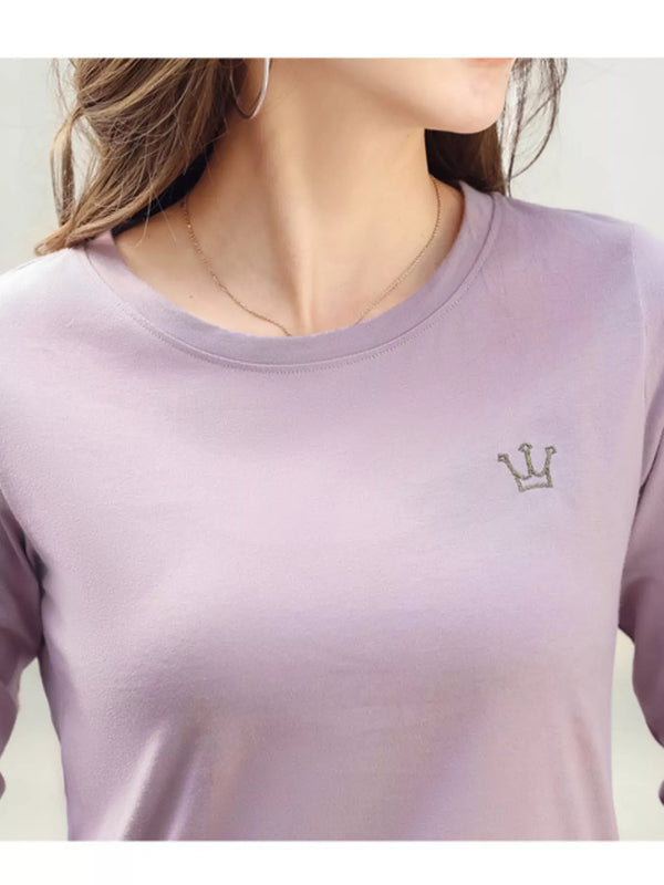 Lavender long-sleeve T-shirt with small embroidered crown at chest