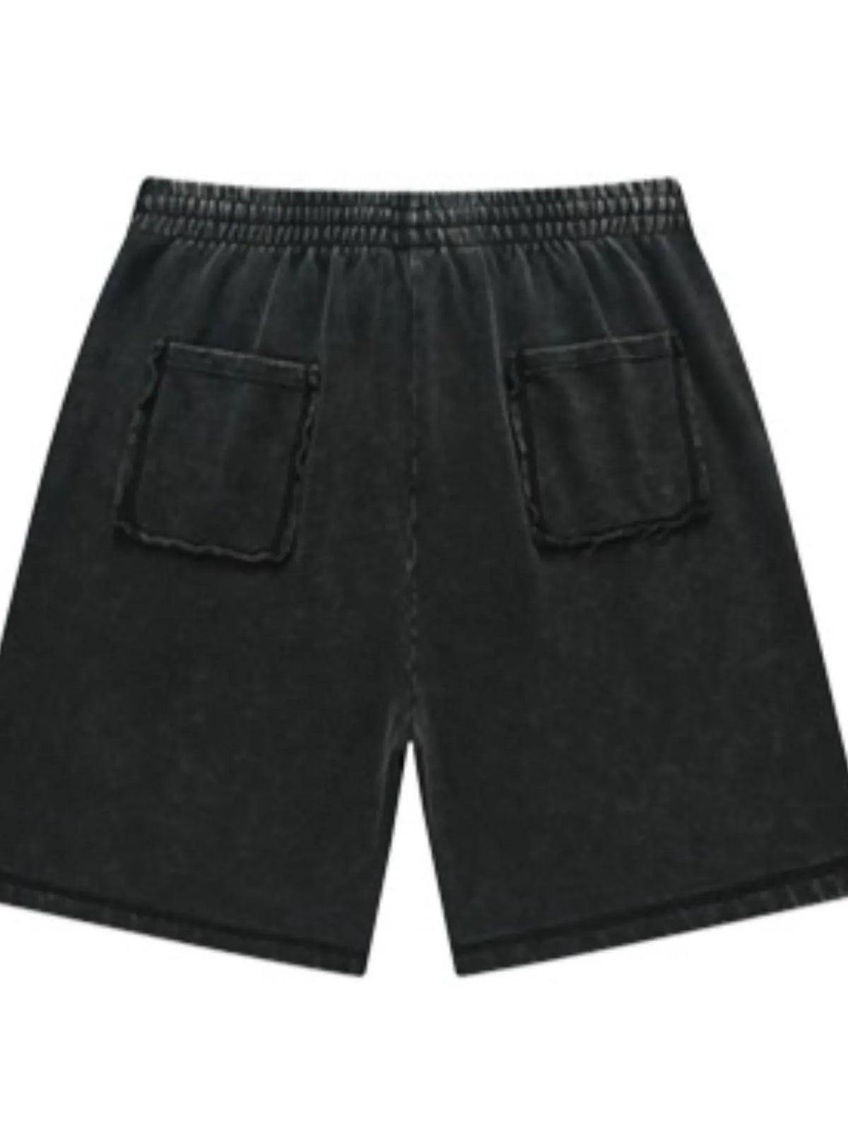 Black washed drawstring shorts, back view