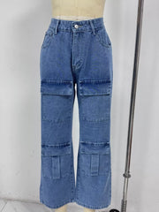 Blue cargo jeans displayed from the front with multiple flap pockets