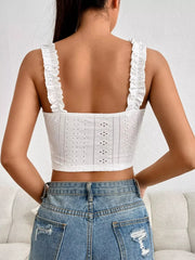 Back view of white eyelet tank with ruffled straps