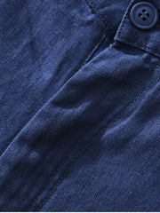 Close-up of blue shorts pocket and button
