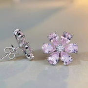 Pink flower stud earrings showing front face alongside side profile and butterfly back