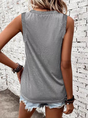 Back view of grey V-neck tank top