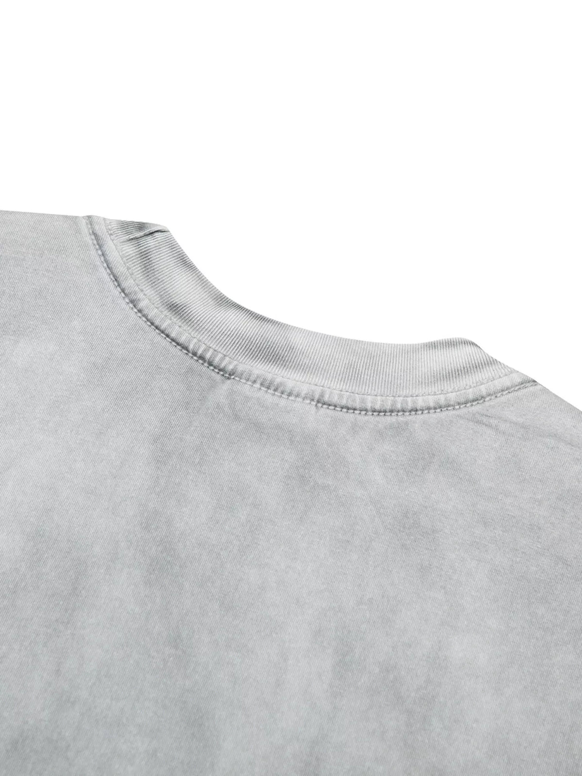 Detail of gray T-shirt shoulder and crew neckline stitching