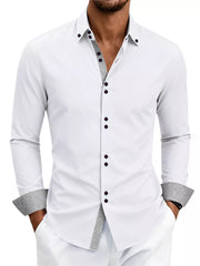 Front view of white shirt with patterned inner placket and dark buttons