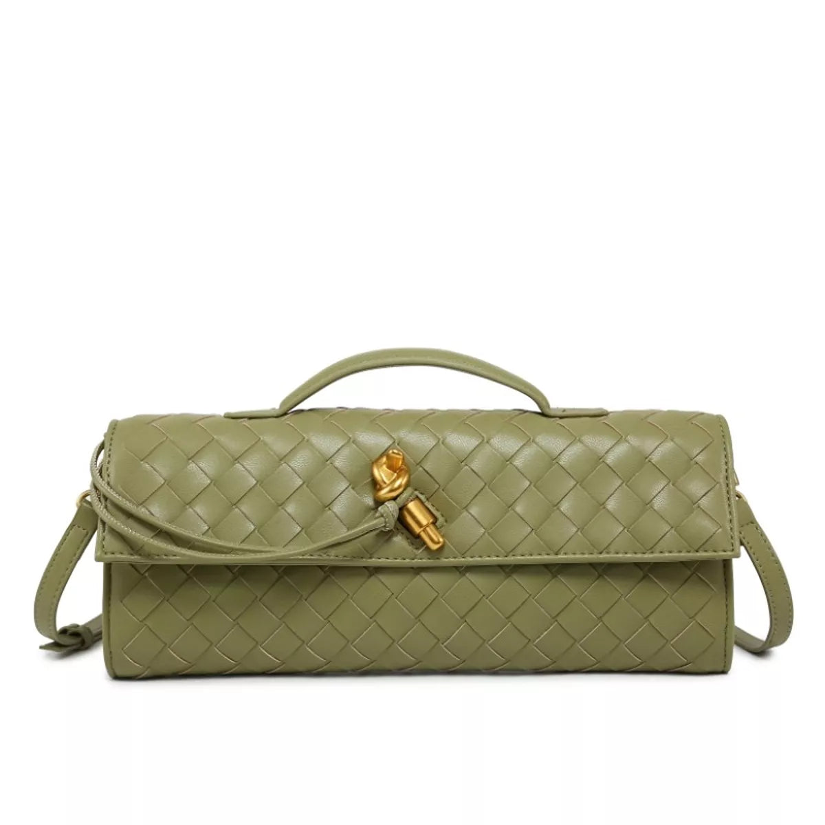 Front view of an olive green woven wristlet bag with gold-tone clasp