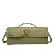 Front view of an olive green woven wristlet bag with gold-tone clasp