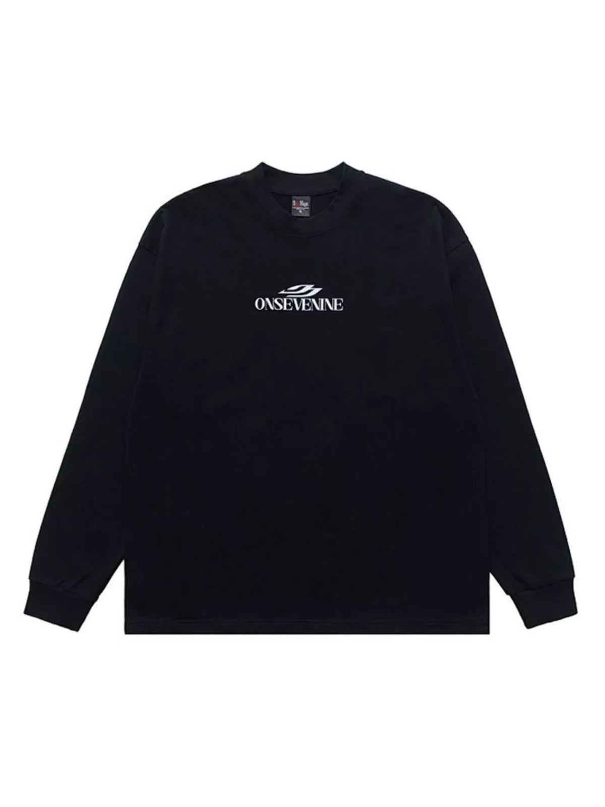Flat view of a black long-sleeve graphic tee with small white chest print