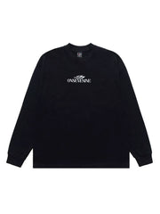 Flat view of a black long-sleeve graphic tee with small white chest print