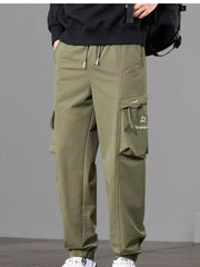 Front view of olive joggers showing both cargo pockets and tapered legs.