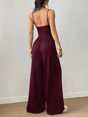 Women's spaghetti-strap wide-leg jumpsuit, burgundy back view