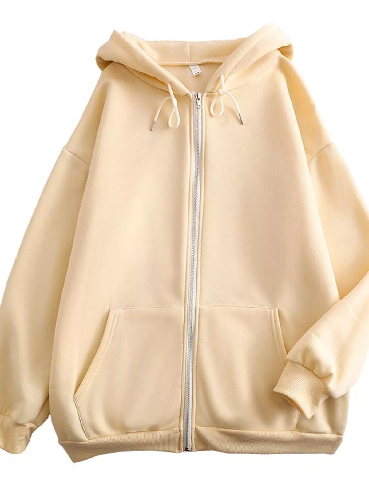 Front view of the cream hoodie with full-length zipper and roomy pockets