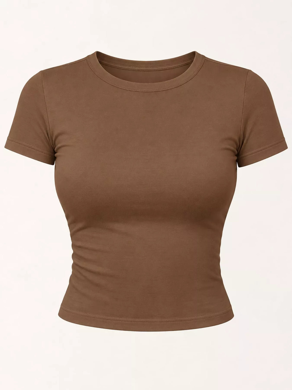 Brown short-sleeve cropped crew neck T-shirt, front product view.