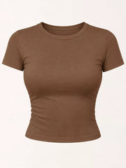 Brown short-sleeve cropped crew neck T-shirt, front product view.