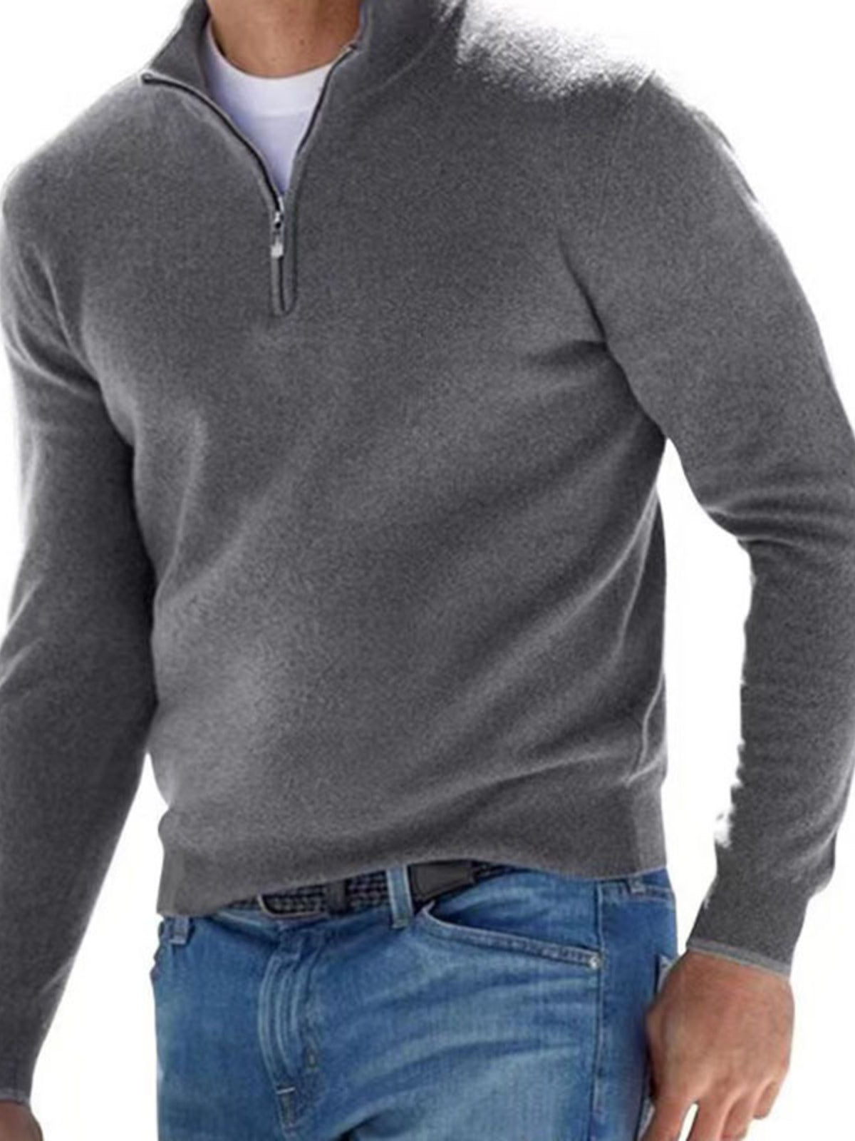 Charcoal gray quarter-zip sweater modeled with blue jeans