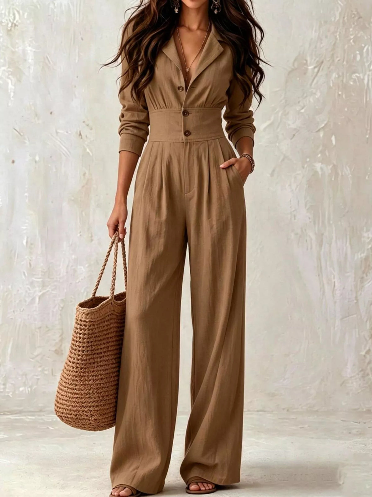 Beige lapel-collar jumpsuit, front view with wide legs