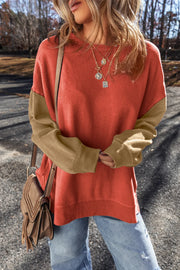 Front view of rust and tan contrast sweatshirt