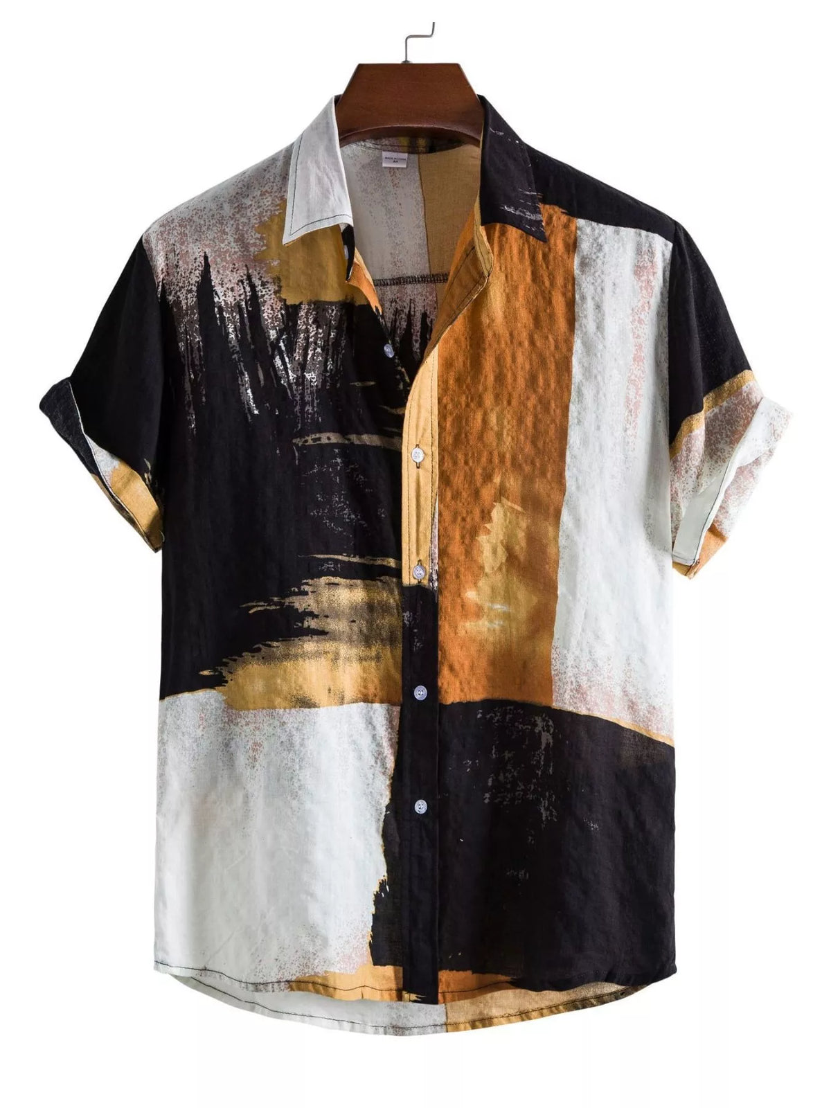 Black, ochre and white color-block short-sleeve button-up shirt shown from the front